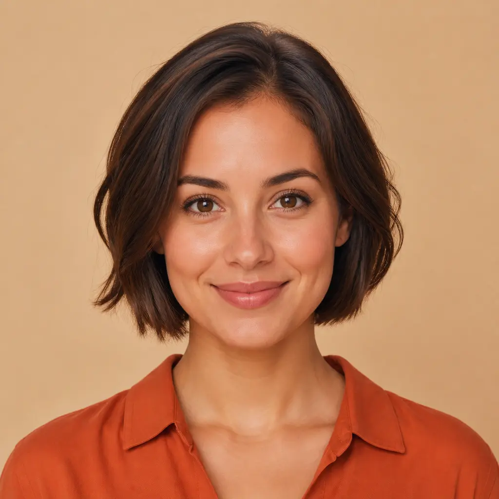 Square face generator result of a forward-facing woman on a warm studio backdrop