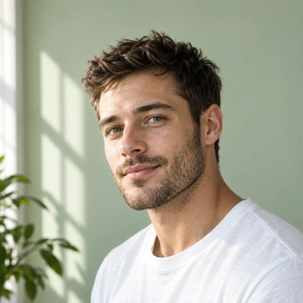 Angled square face generator portrait of a man with a short beard and sage backdrop