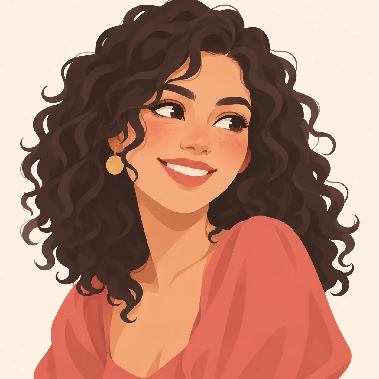 Stylised square face generator avatar of a smiling woman with curly hair