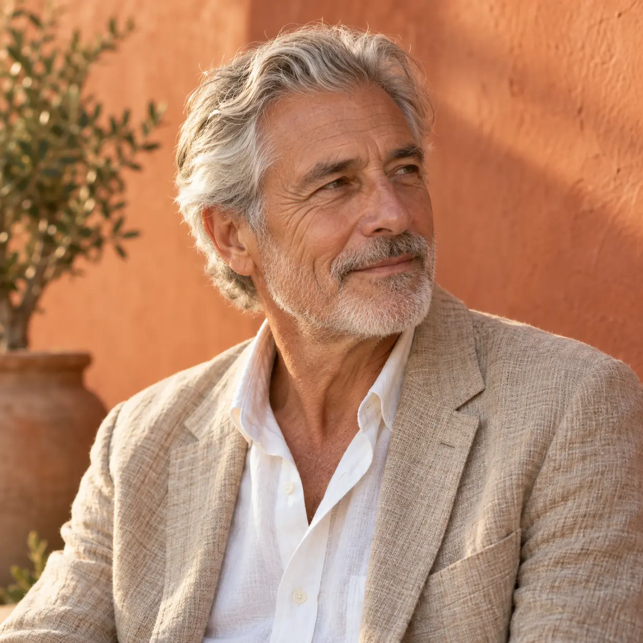 Editorial square face generator portrait of an older man in golden light