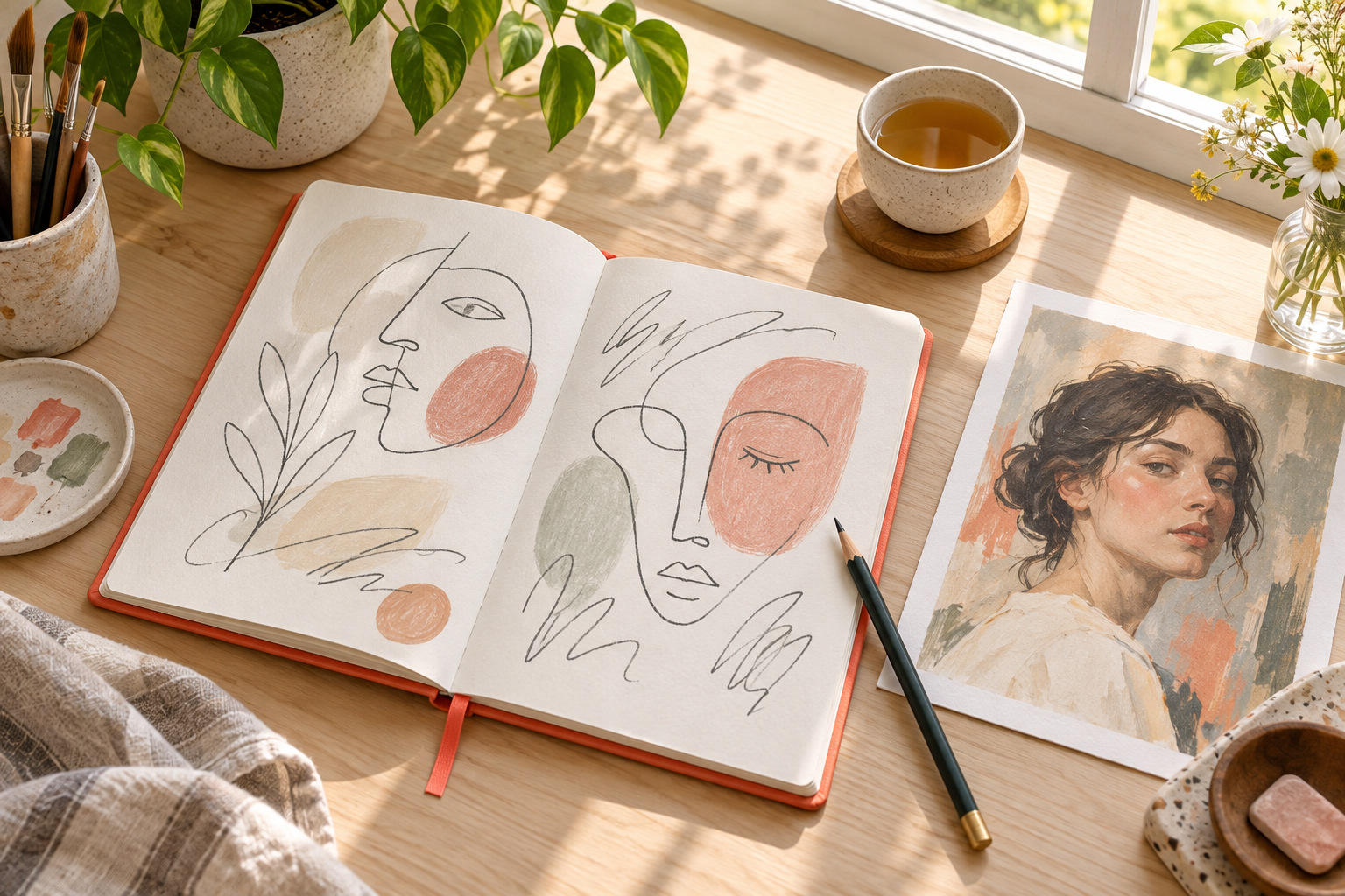 Notebook and reference portrait used to start describing a square face