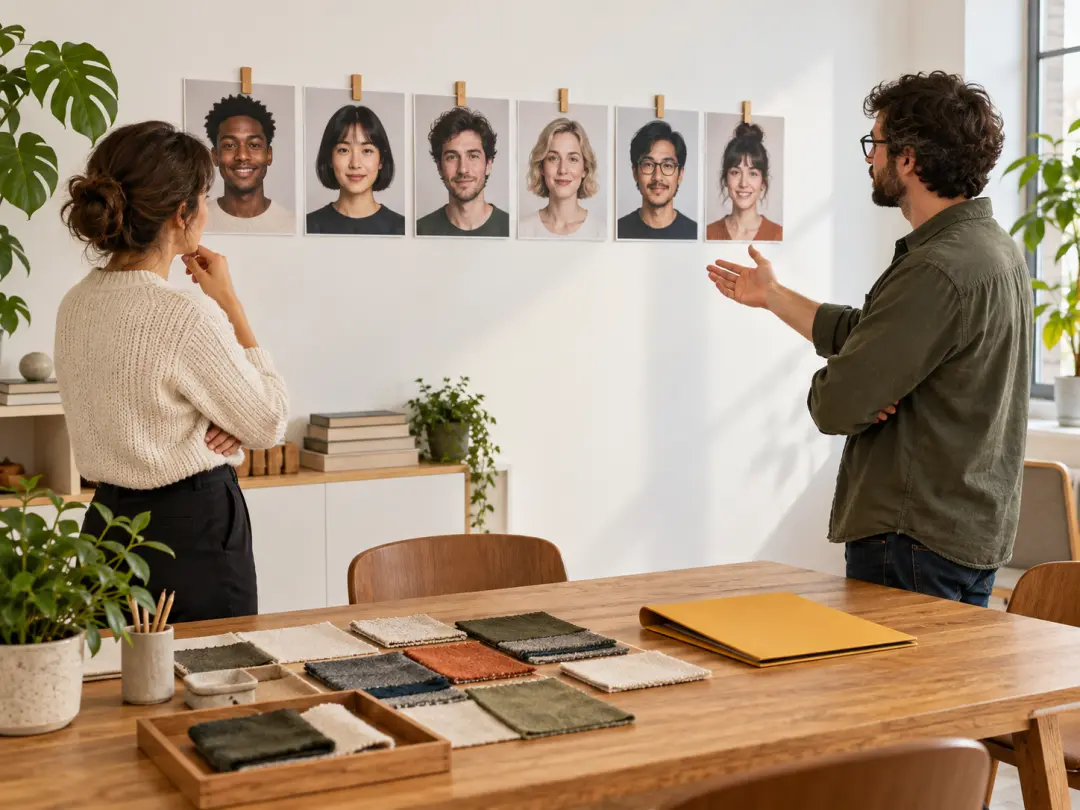 Team reviewing a matching set of square generated faces on a studio wall