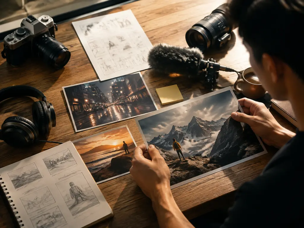 Square video maker combining text, image, video, and audio references in one project