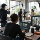 Brand team reviewing square campaign videos with product visuals, text, and audio references