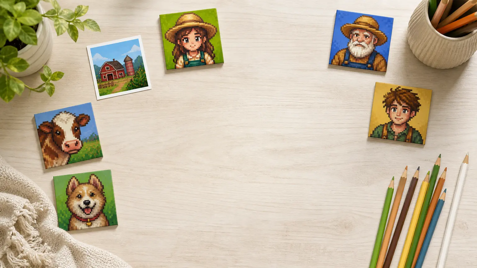 Wide bright desk scene with farm-game pixel portraits and character reference materials