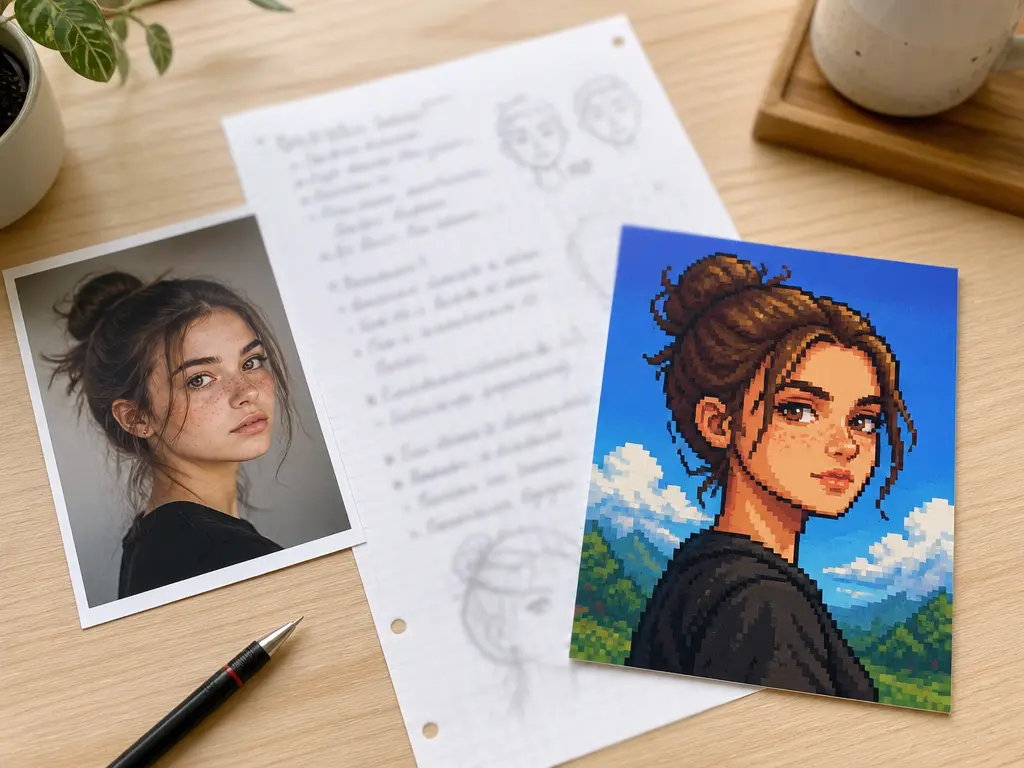 Reference photo and written character notes beside a farm-game style pixel portrait result