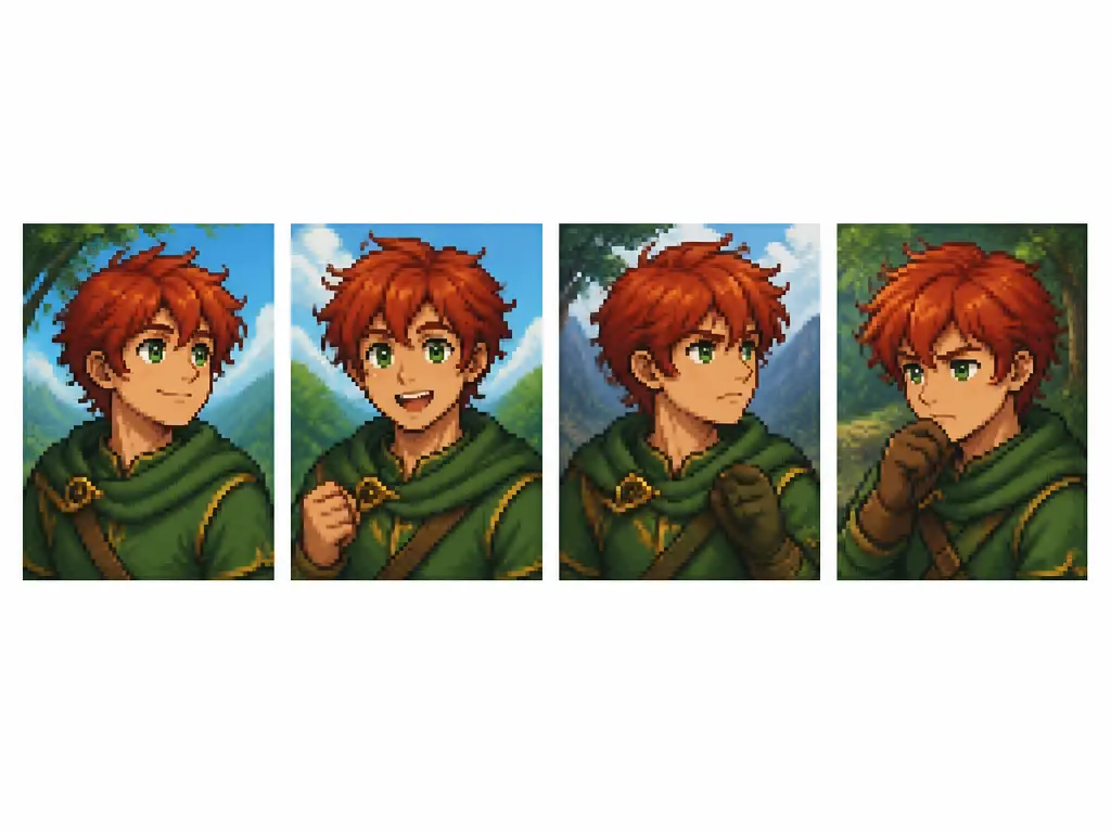 Four pixel portrait variations sharing the same hairstyle, clothing, and color palette