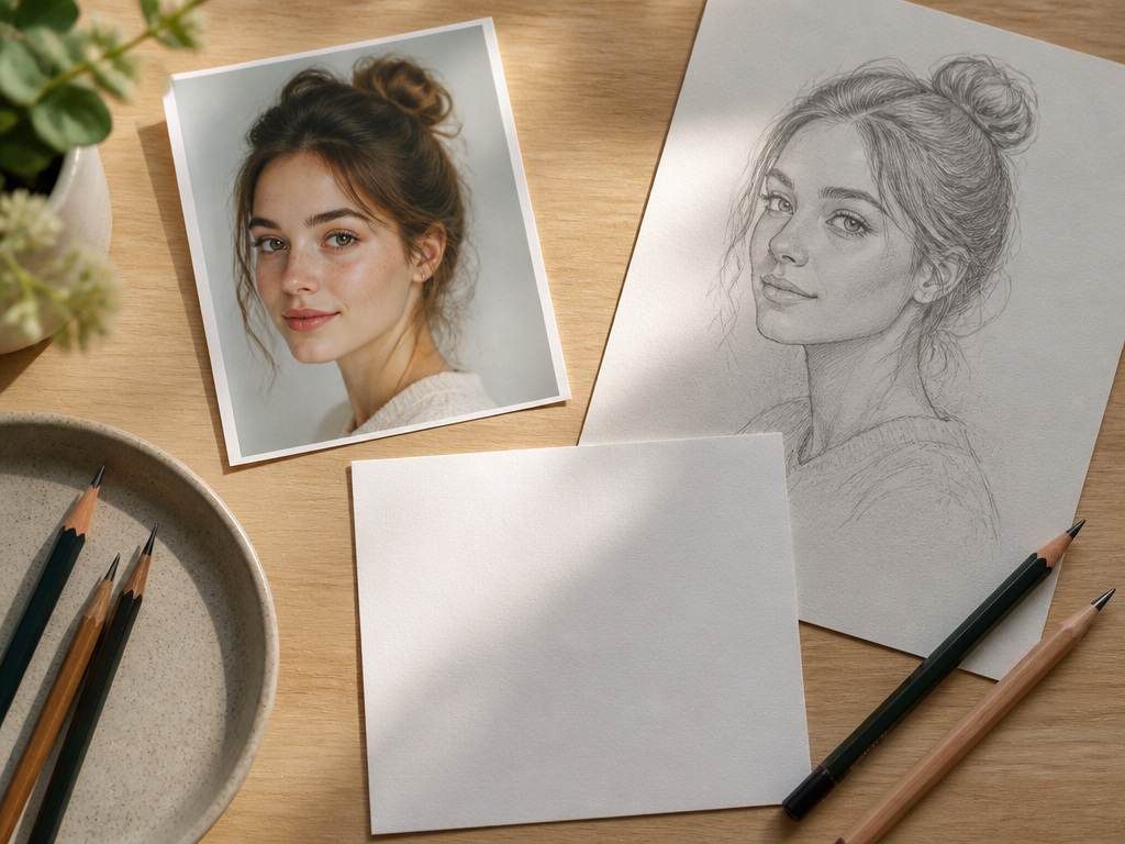 Photo, sketch, and written character details arranged as inputs for a pixel portrait