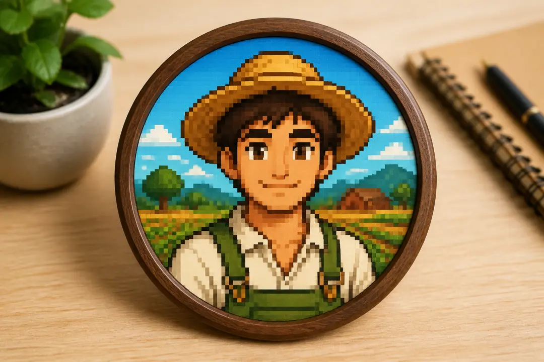 Farm-game style pixel portrait shown inside a circular community profile frame