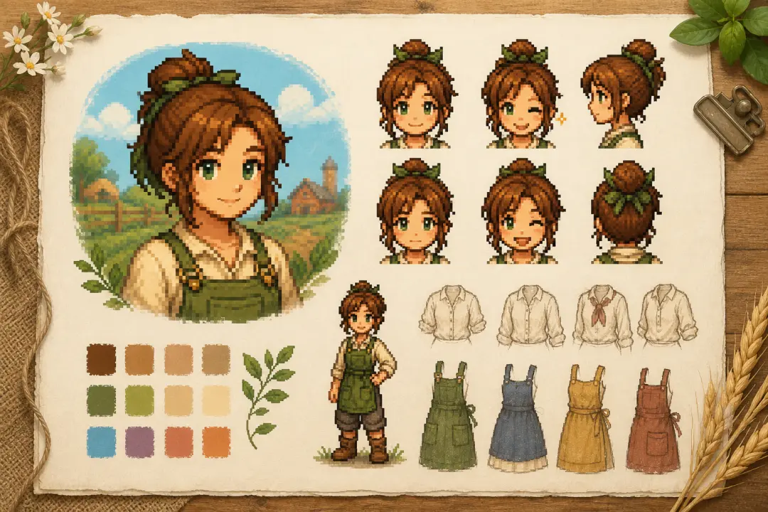 Pixel character portraits and outfit notes arranged like an original character sheet