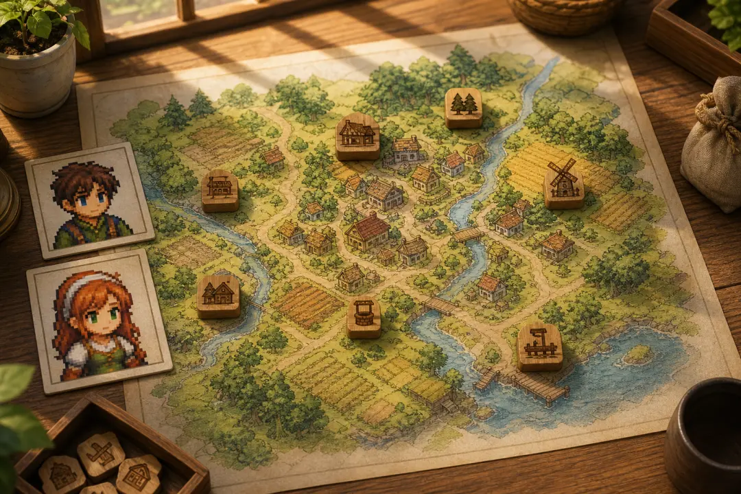 Pixel portraits of a merchant and adventurer arranged around a simple story map