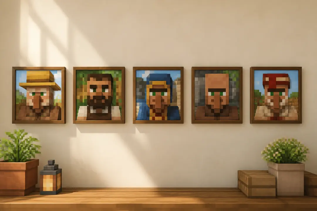 Set of five farm-game style character portraits using one shared visual language