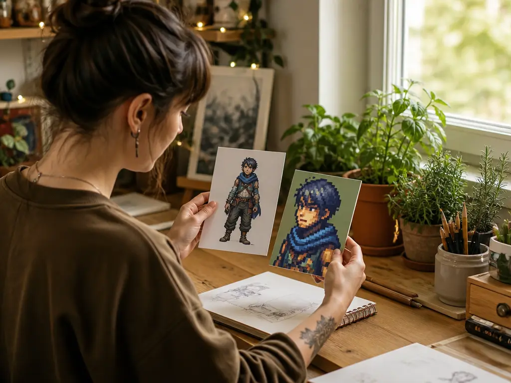 Farm game player comparing a reference screenshot with a finished pixel portrait
