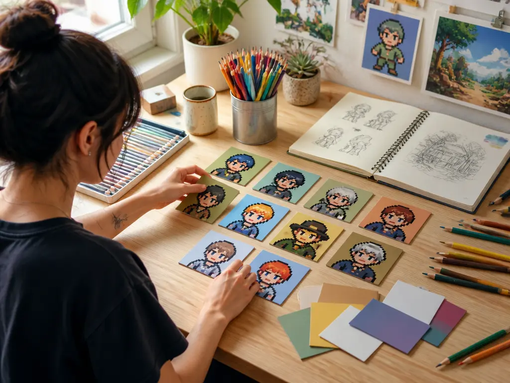 Character artist arranging pixel portraits beside notes and color swatches