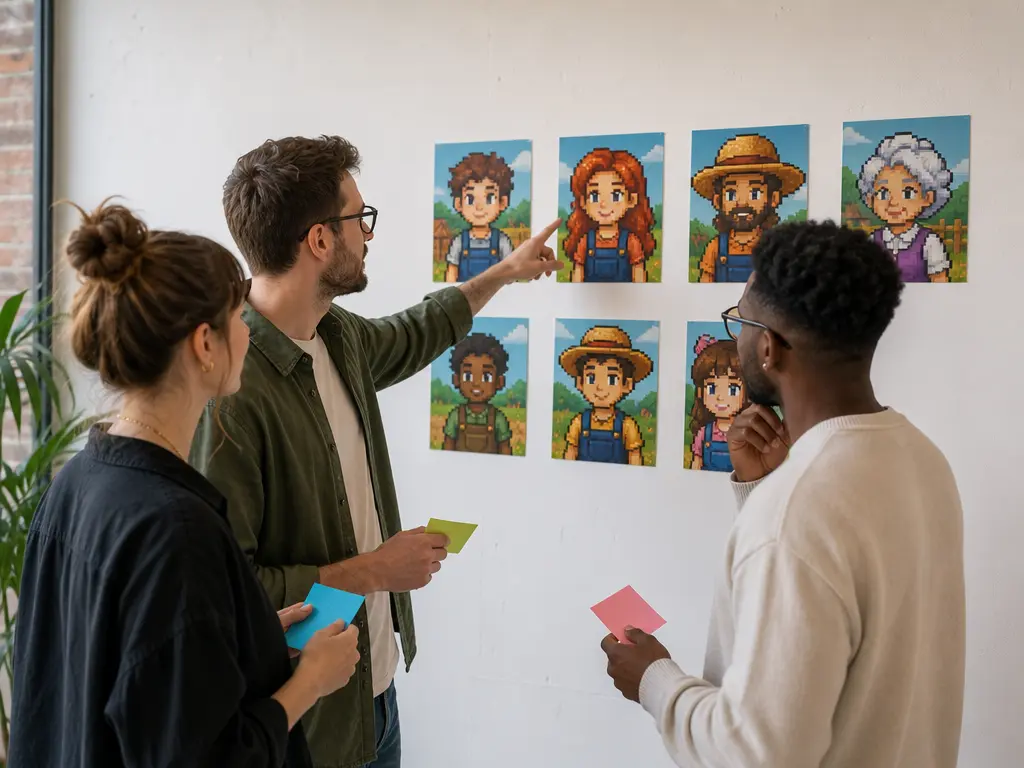 Small creative team reviewing several character portrait concepts on a wall