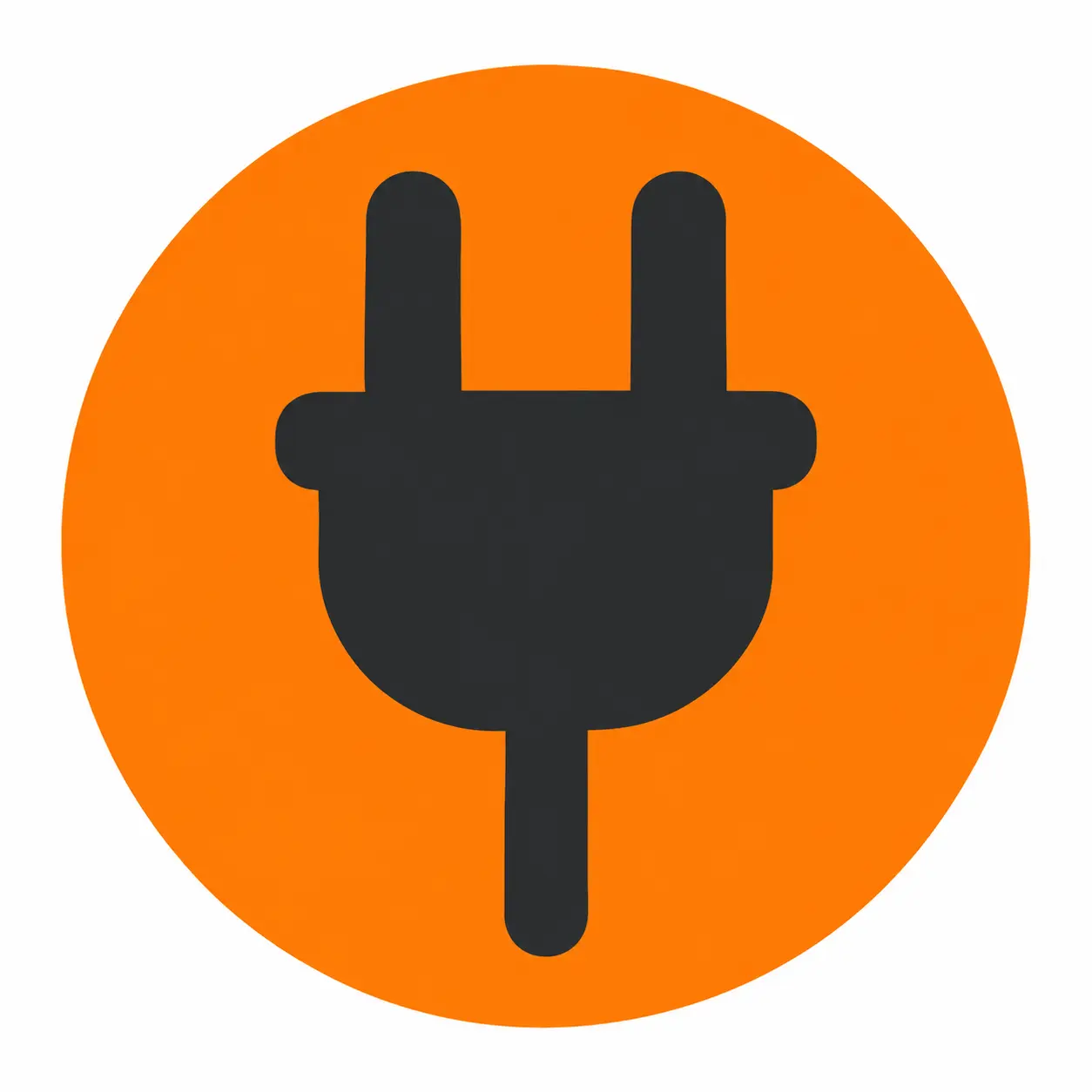 Bold electrical plug symbol in a circular orange badge