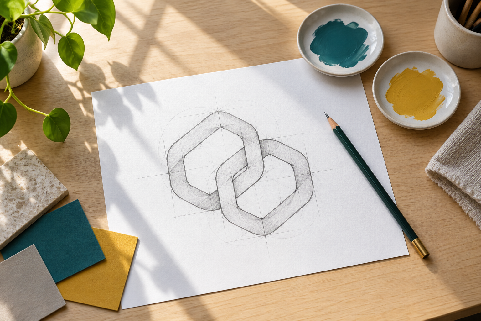 Geometric emblem sketch and color samples on a design desk
