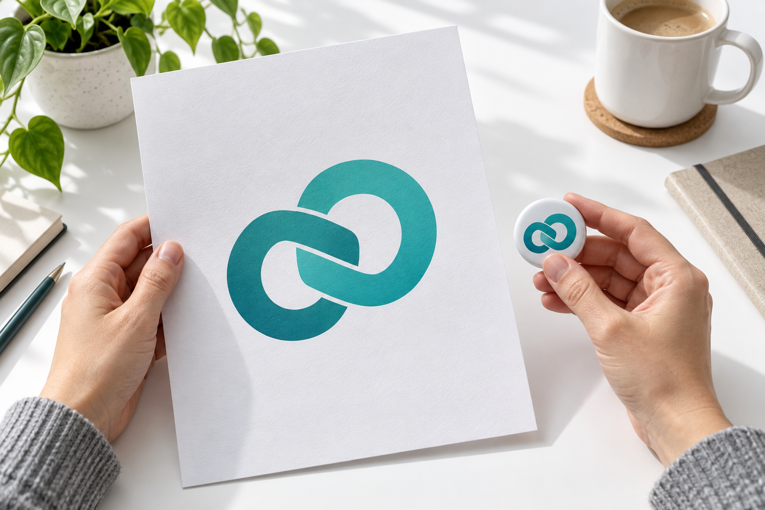 Designer inspecting a clean symbol print and its small badge version