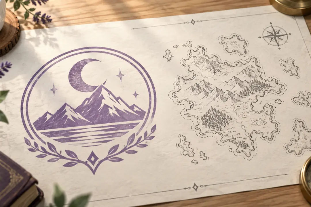 Original fictional faction seal printed on a worldbuilding sheet