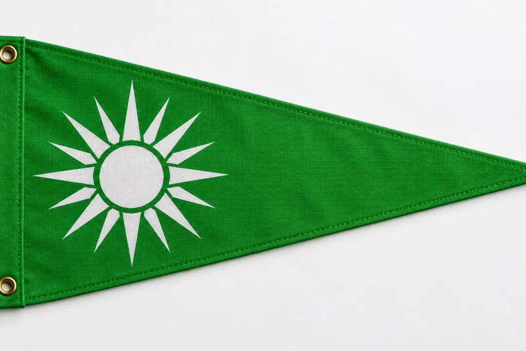 Custom team insignia on a bright green fabric pennant