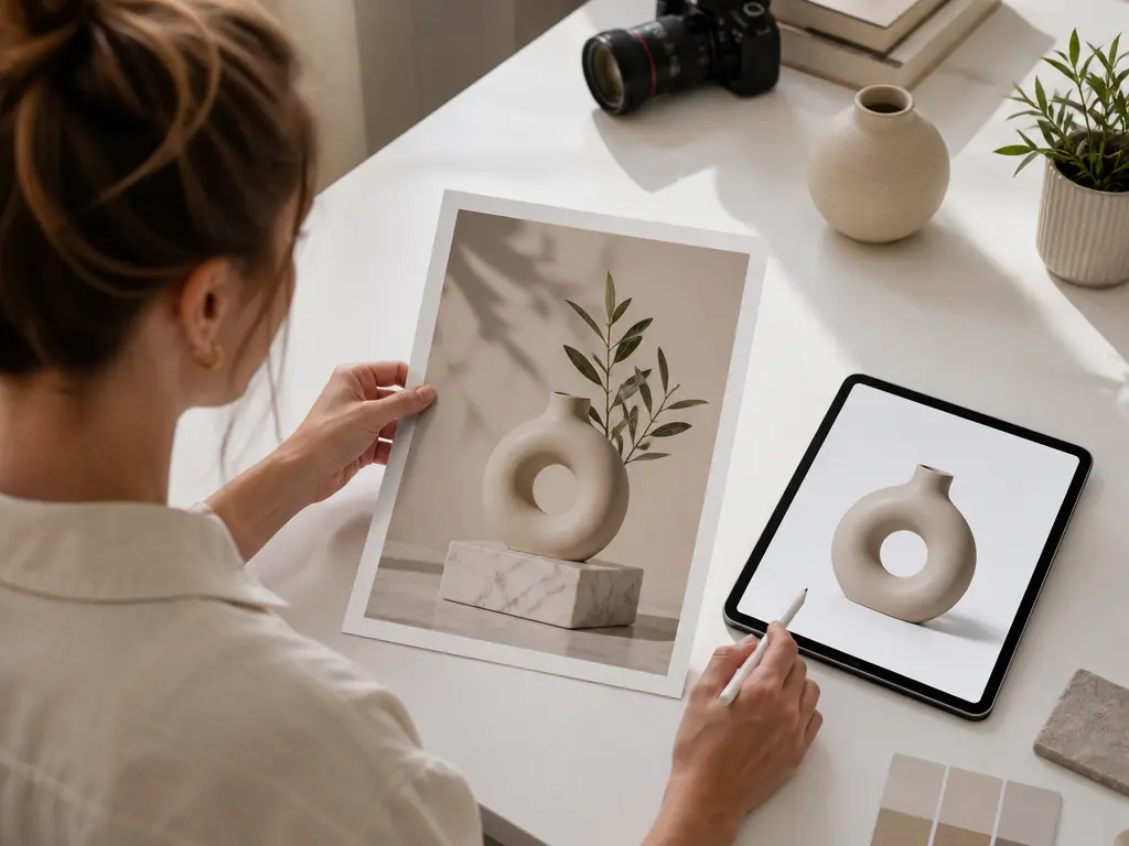 Ecommerce editor reviewing a cleaned product image on a bright desk