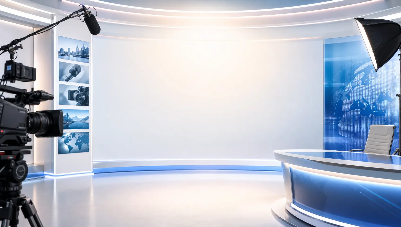 Bright news production studio with camera and presenter area around open call to action space