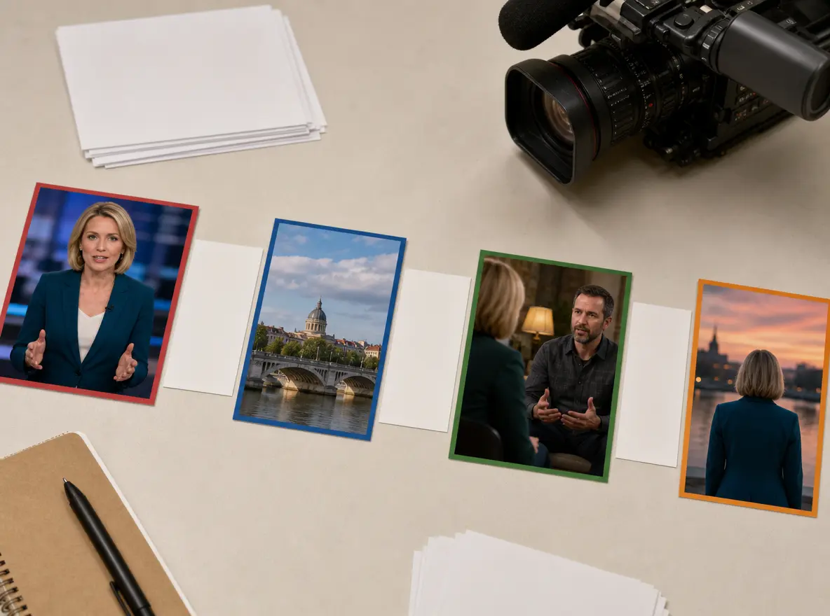 Timed news scenes with opening images, key information, and reference visuals