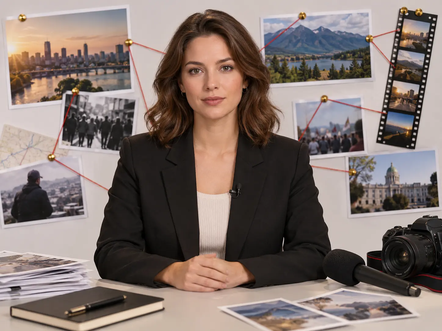 Script with image, video, and audio references assigned to news scenes