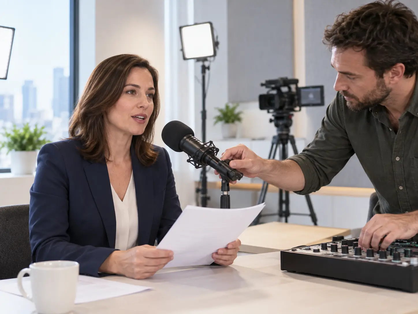 News narration with voice reference, background music, and sound direction