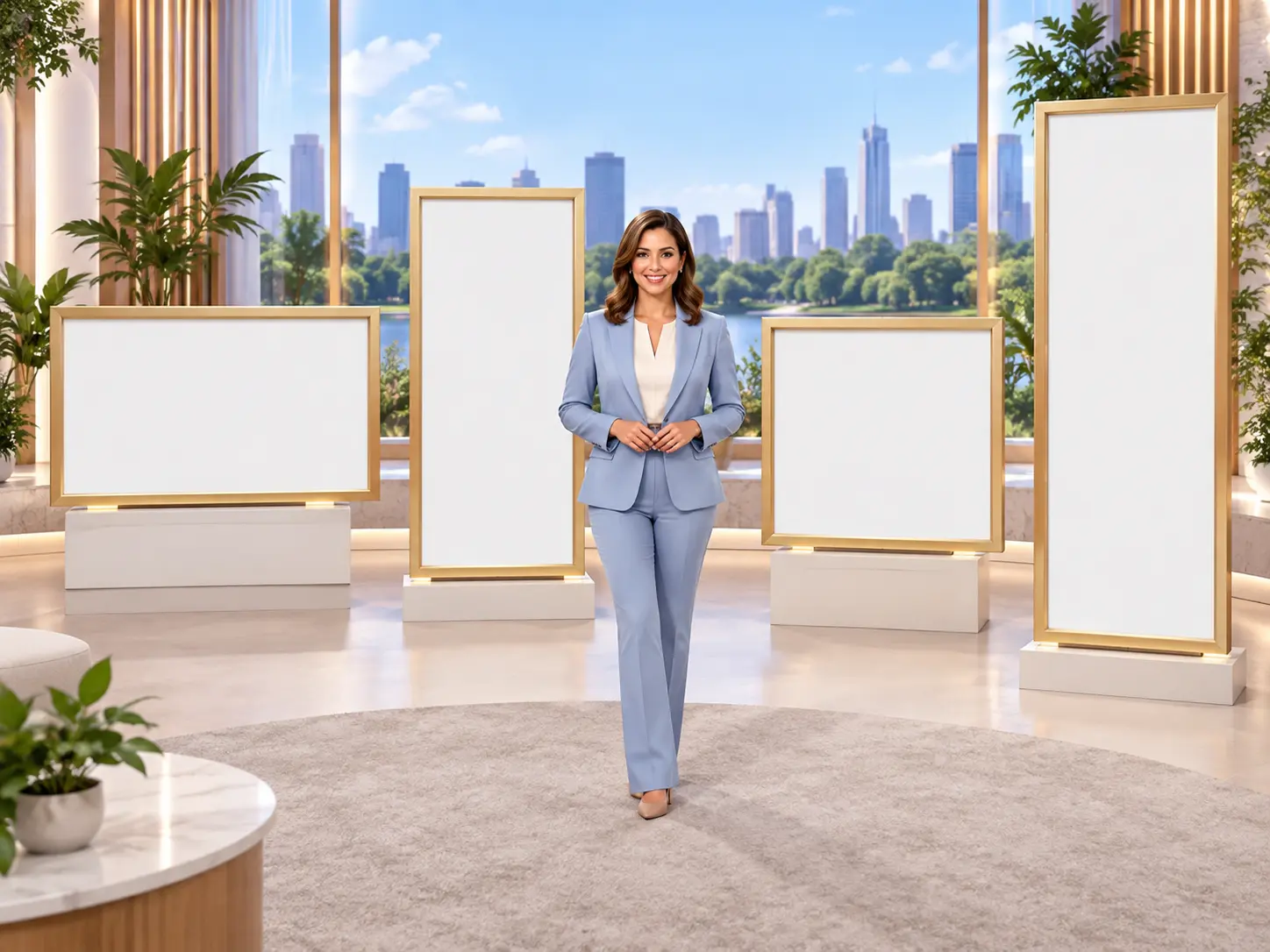 News video layouts showing landscape, portrait, square, and 4K output