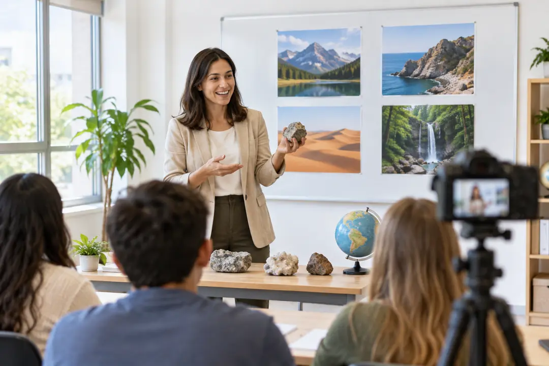 Teacher presenting a supplied current topic with visual examples in a classroom video