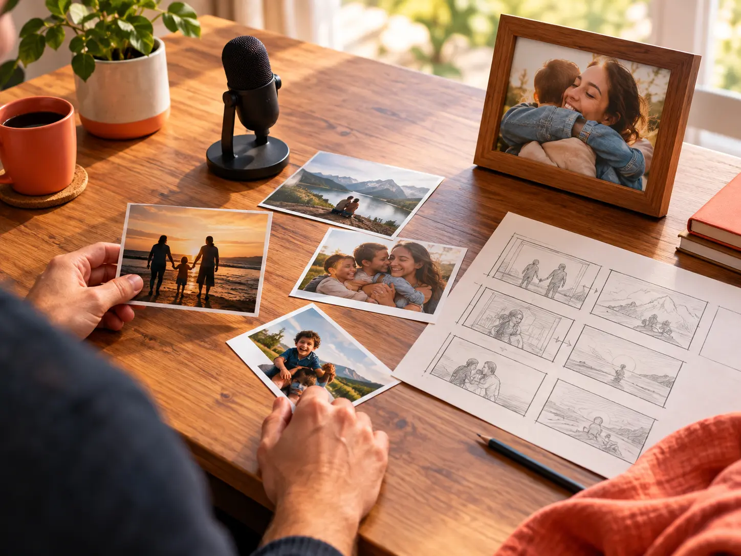 AI-generated thank you video scene plan with family photos, voice notes, and scene text