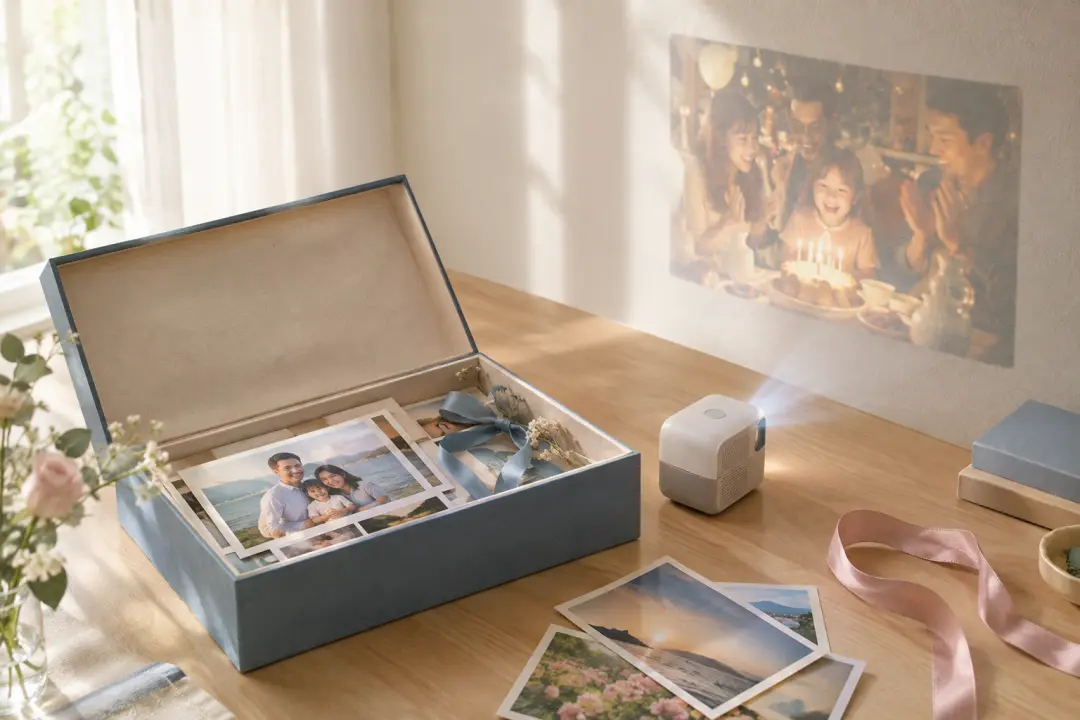Keepsake thank you video gift projected beside meaningful family photographs
