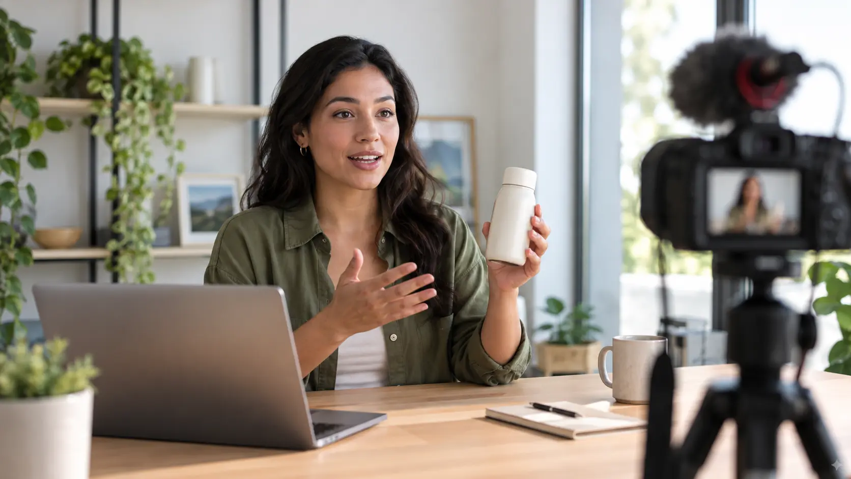 A digital presenter beside a product visual with voiceover directions