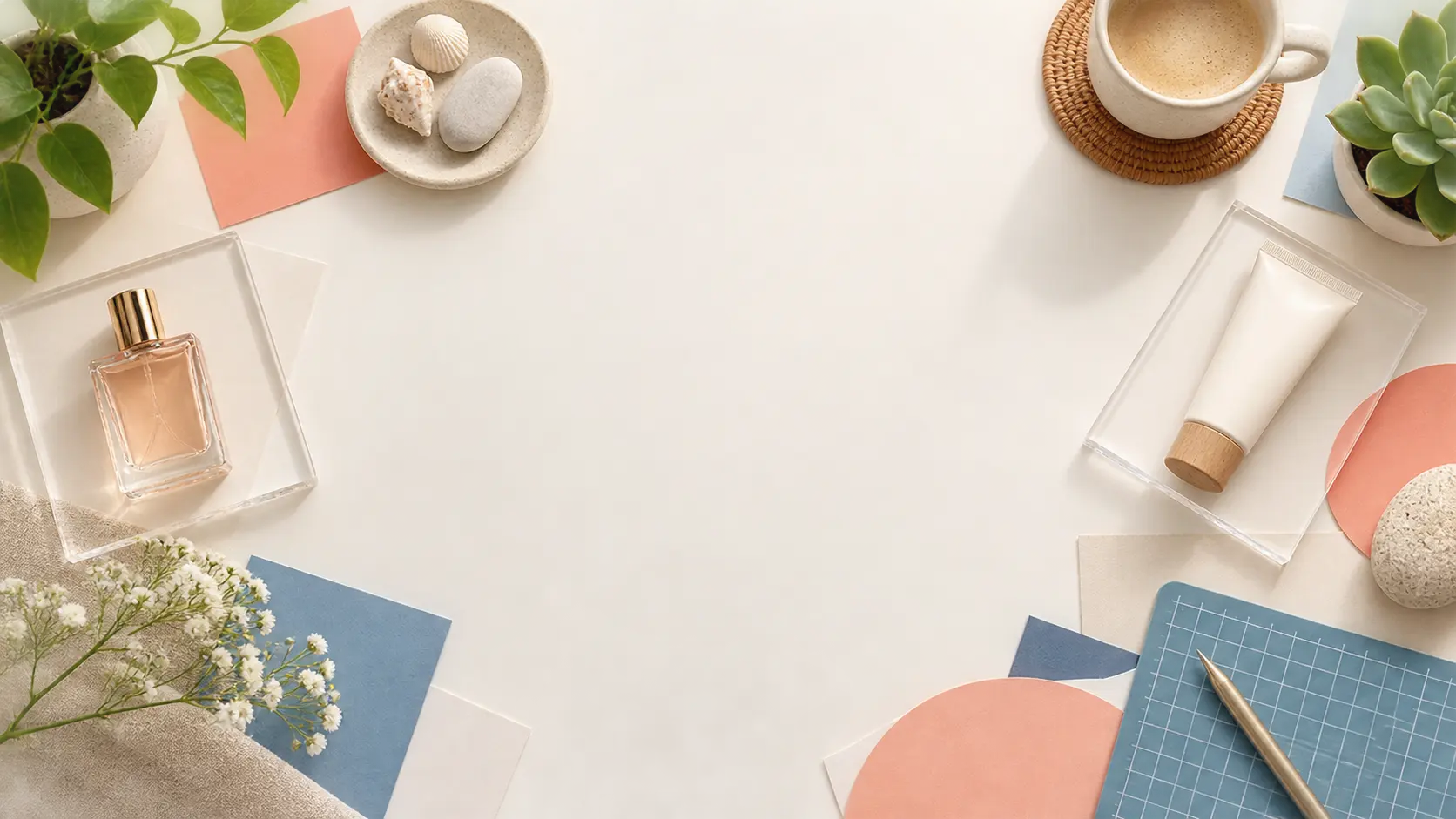 A clean desktop arranged with transparent image maker cutouts on bright paper and colorful cards