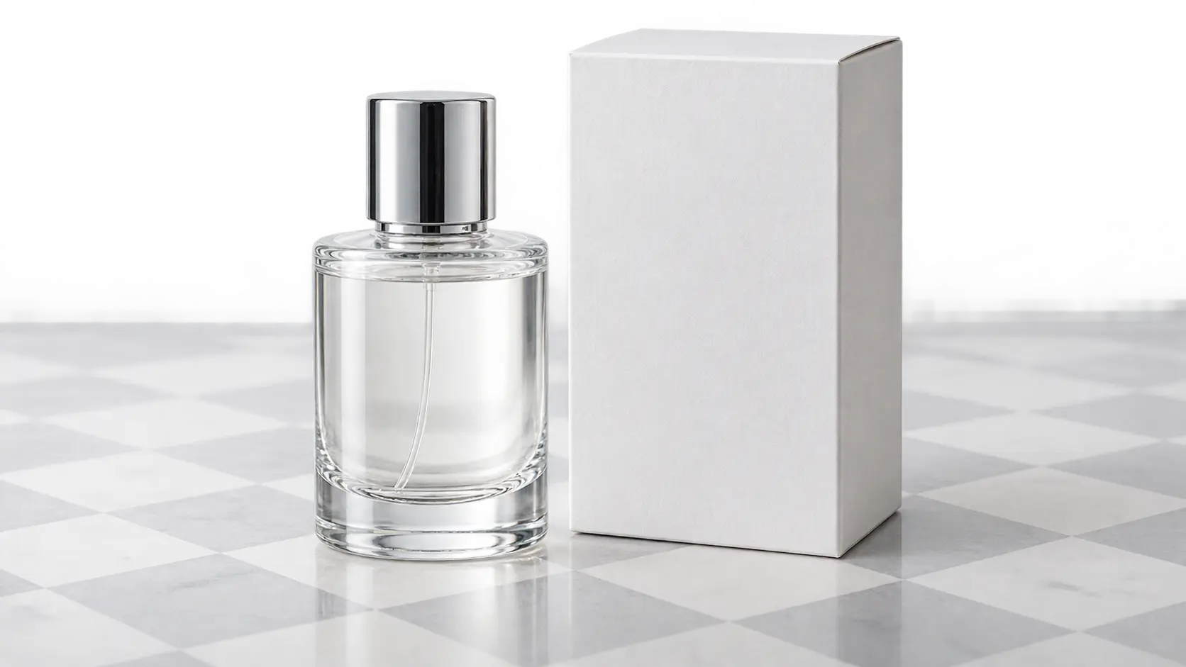 A glass bottle and box isolated as a clean PNG cutout with crisp edges on a pale layout