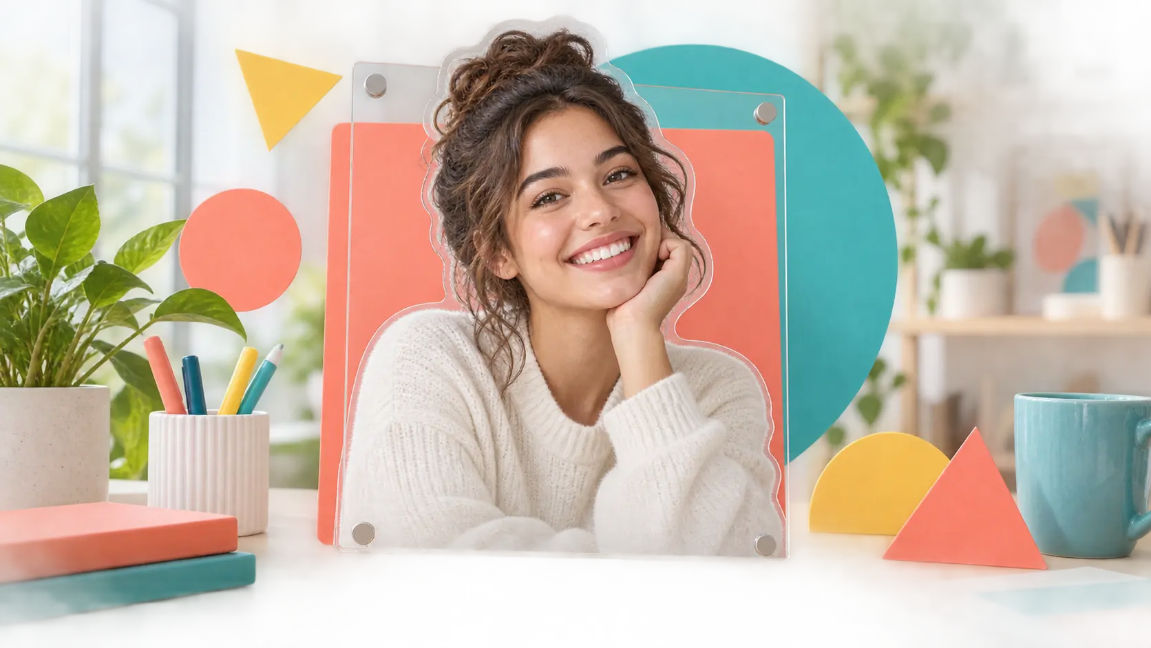 Transparent image portrait layered over a bold social profile background