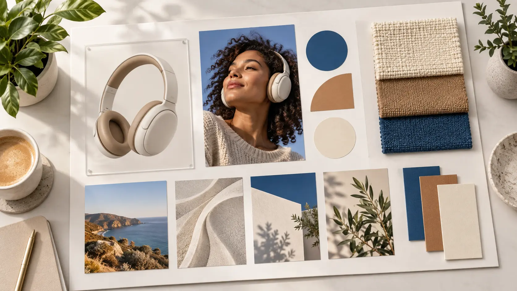 Transparent image elements arranged across a brand presentation and printed campaign layout