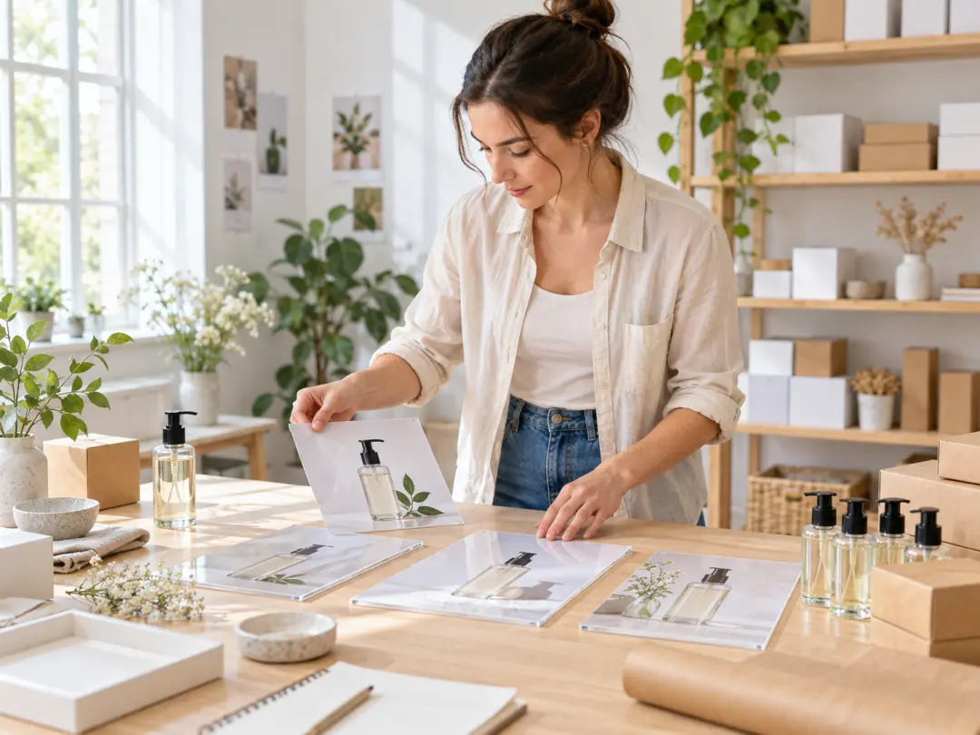 Online seller arranging transparent image maker cutouts for an ecommerce catalog