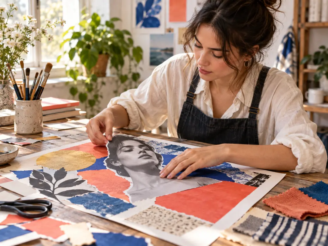 Designer placing a transparent image maker cutout portrait into a colorful poster composition