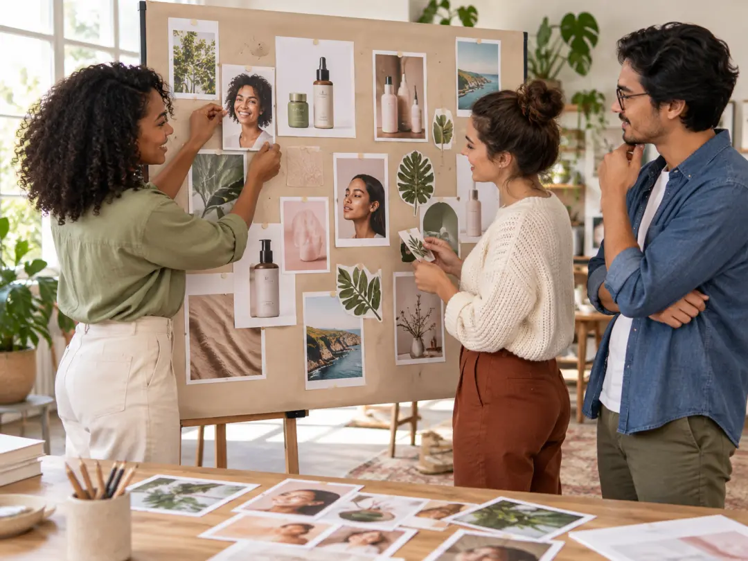 Marketing team reviewing transparent image maker logo cutouts for a campaign board