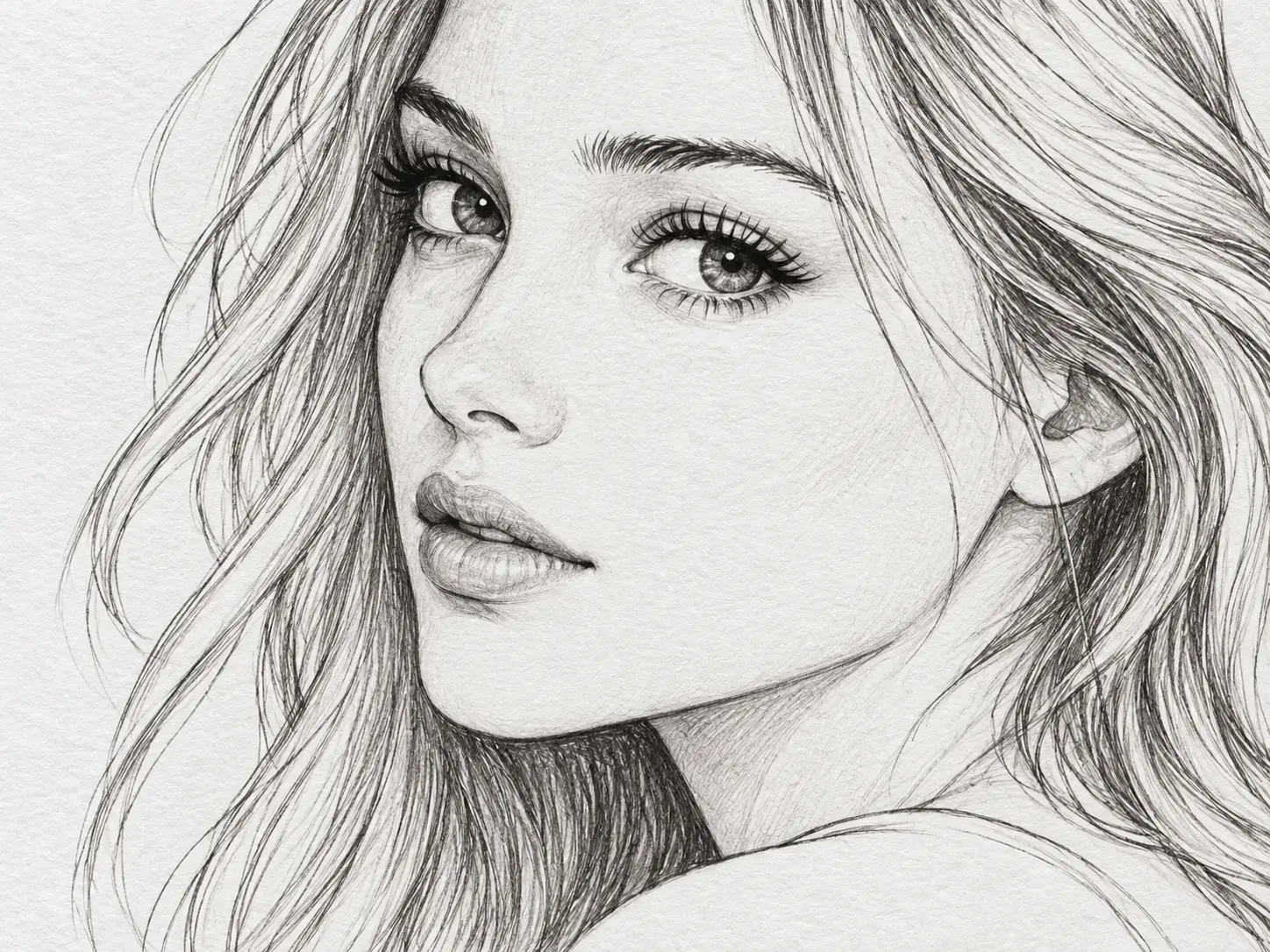 Close view of a portrait line drawing where eyes, hair edges, and facial contours remain readable