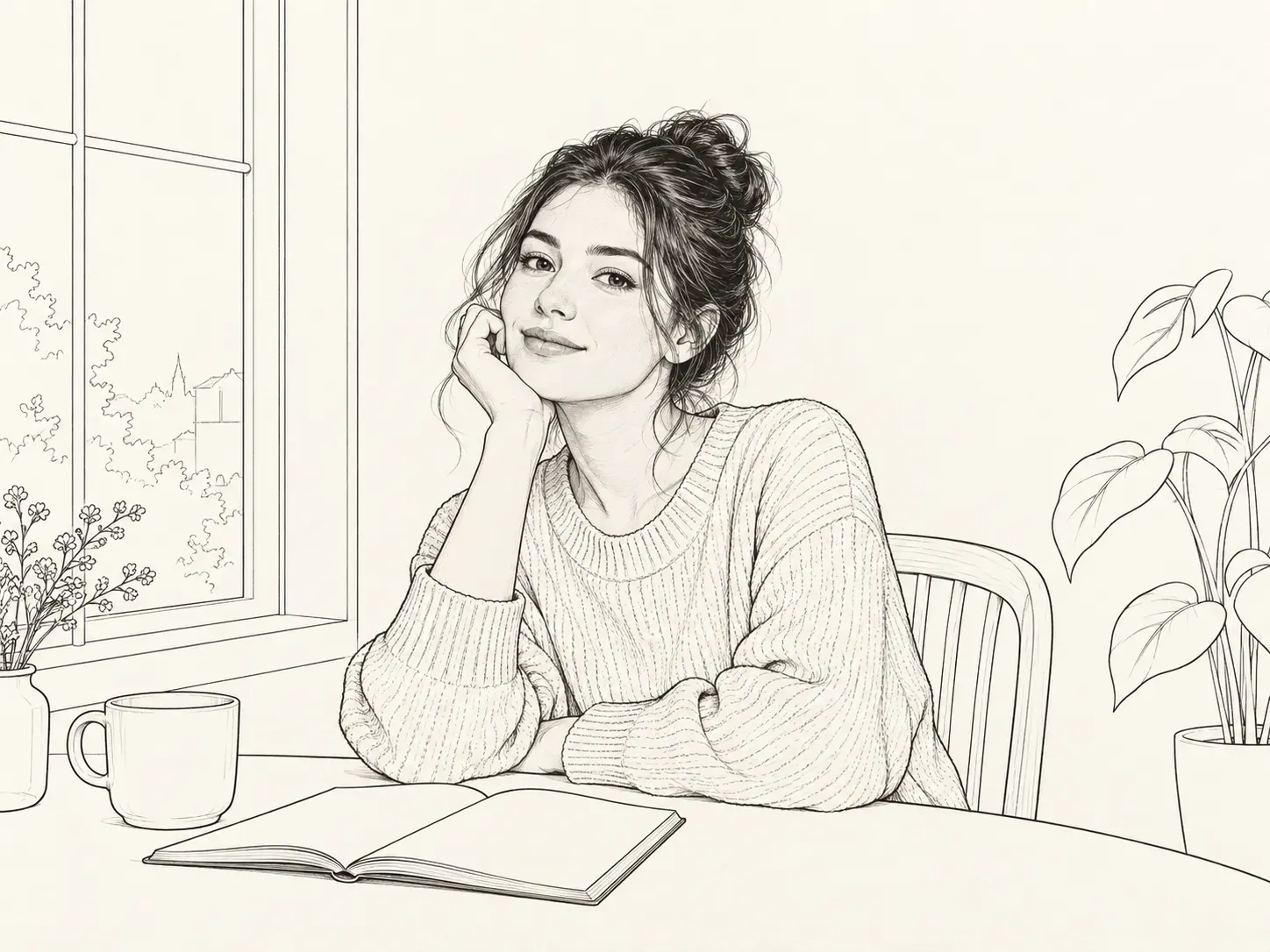 Portrait line drawing with the original room simplified into a few controlled background outlines