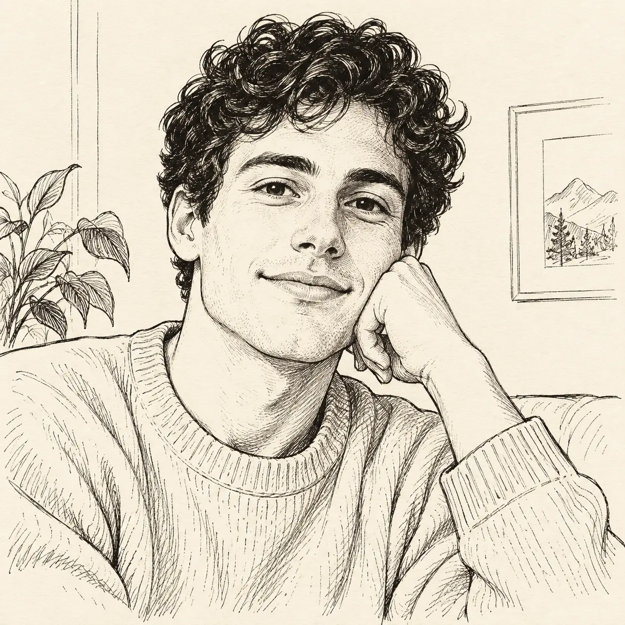 Clean line drawing created from the same square portrait while keeping the face and pose recognizable