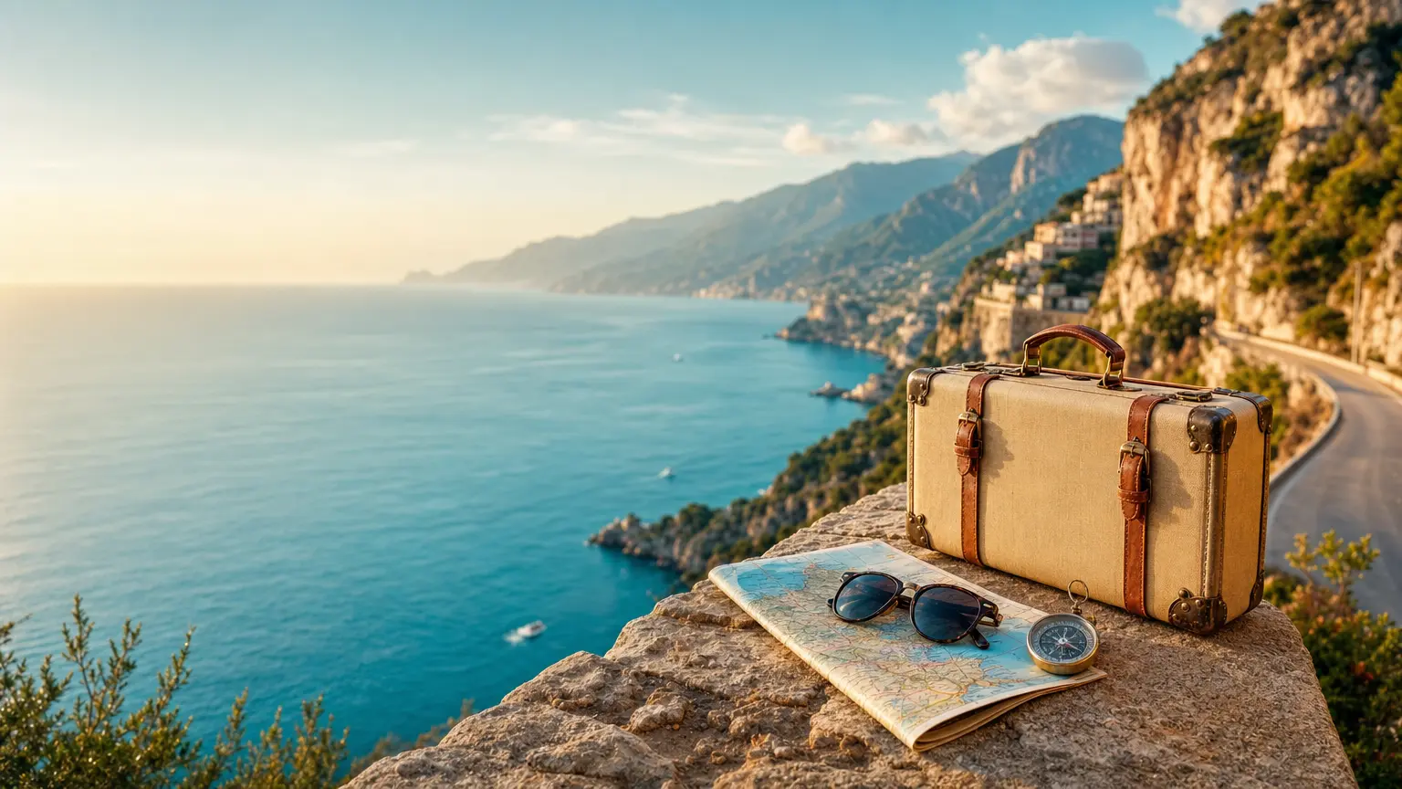 Warm travel creator Twitter banner with destination details and open copy space