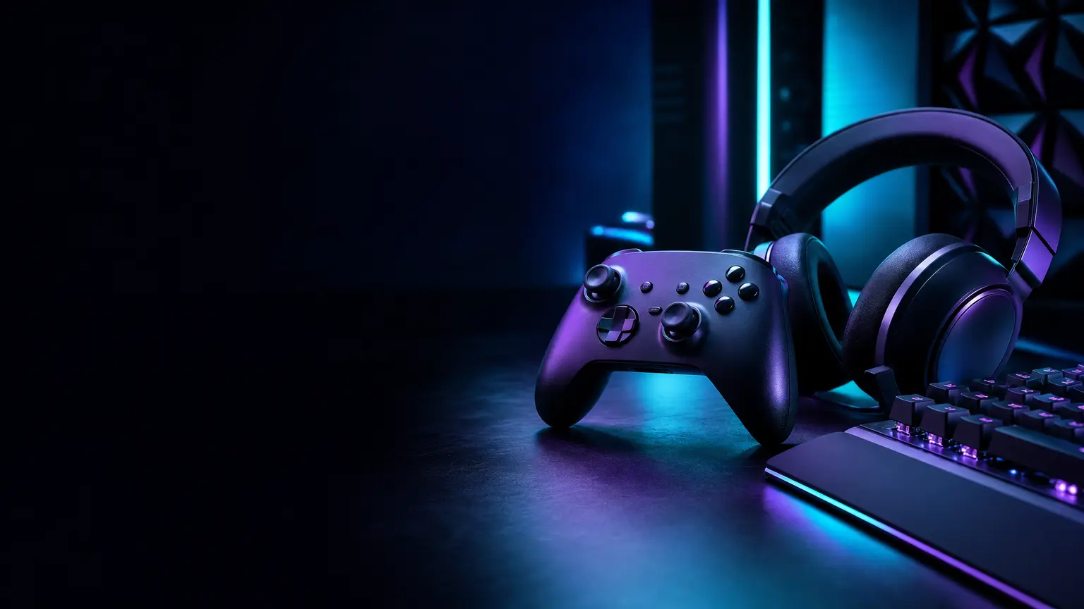 Gaming creator Twitter banner with a controller and colorful neon setup