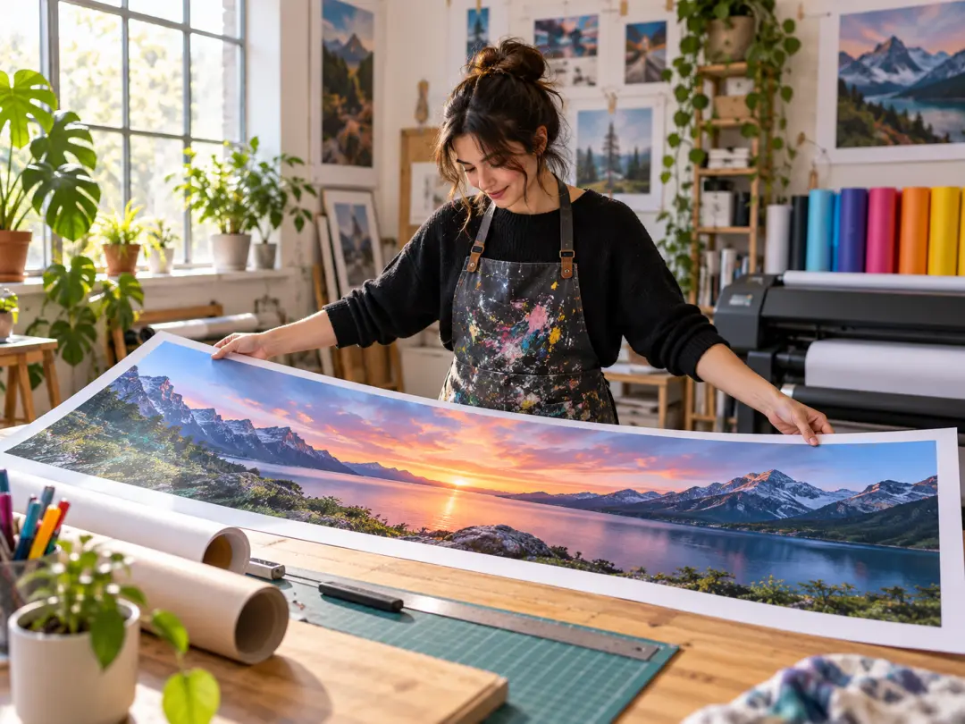 Creator reviewing a wide social profile banner in a bright studio