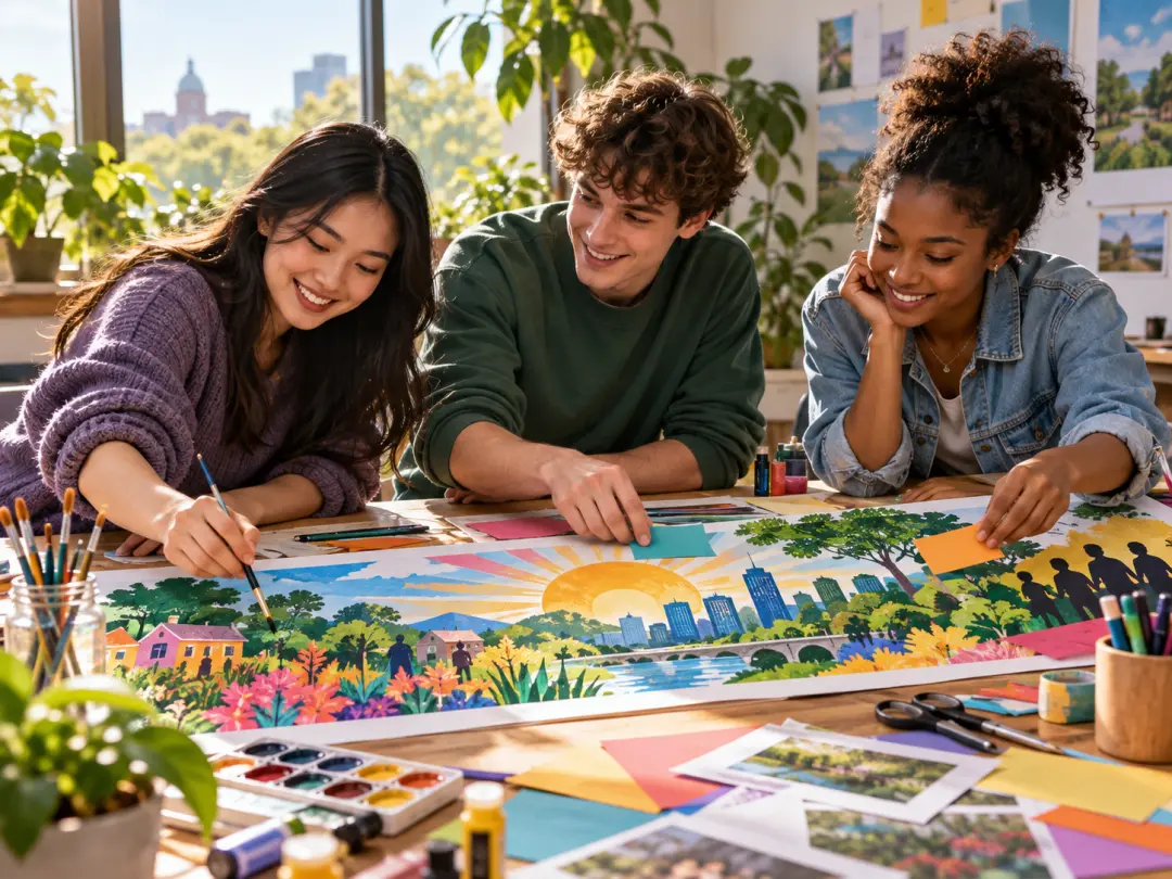 Students planning a colorful community profile header