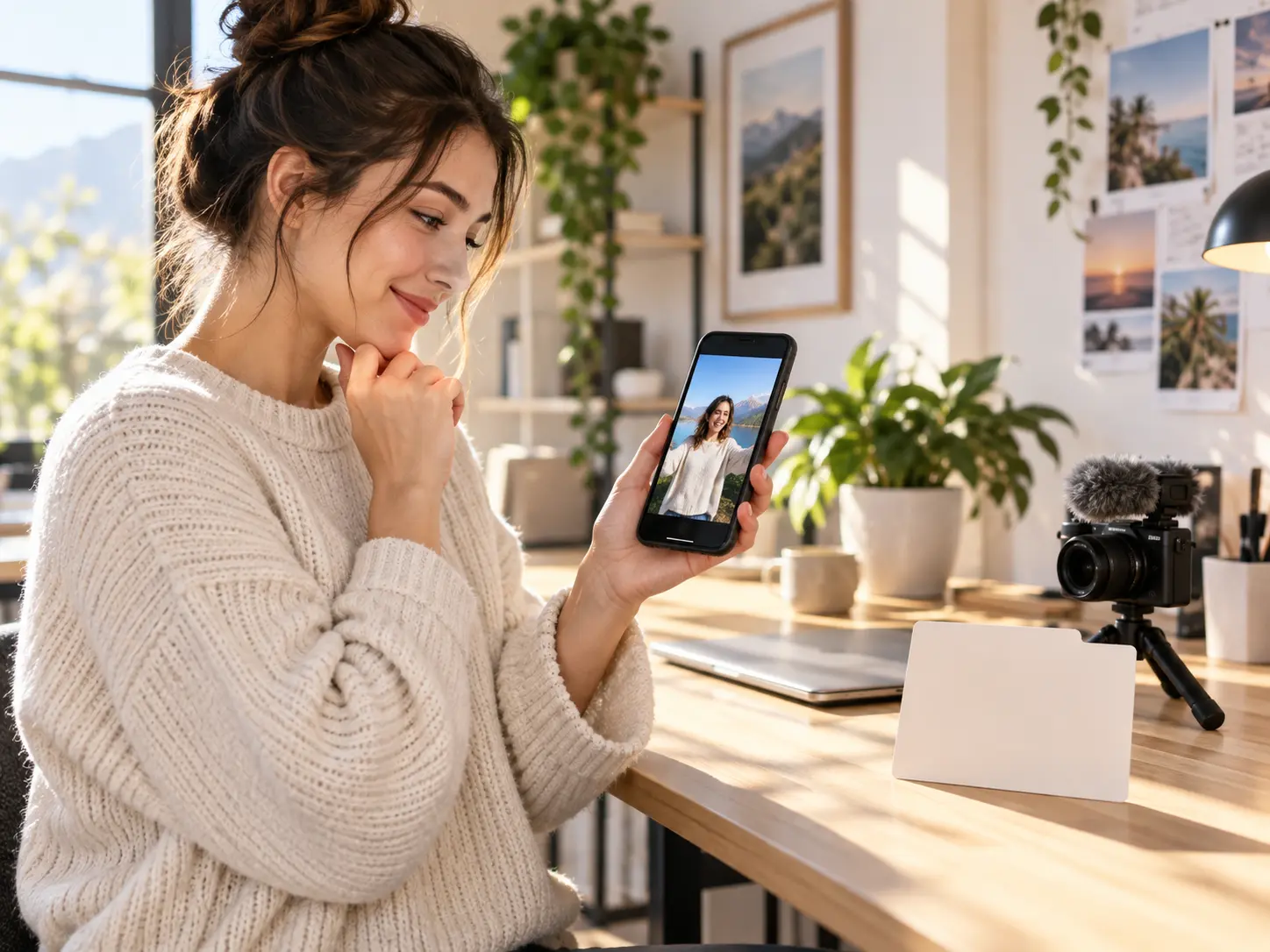 A creator checking a finished social video before uploading it to a publishing account