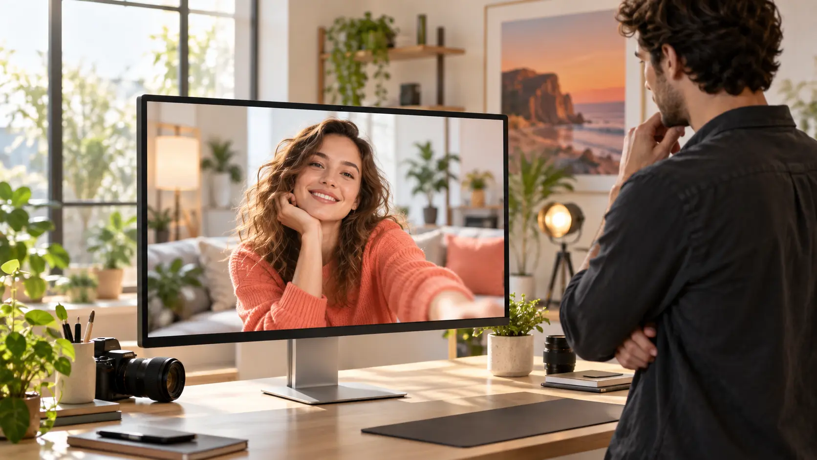 Creator reviewing a polished social video frame in a bright studio